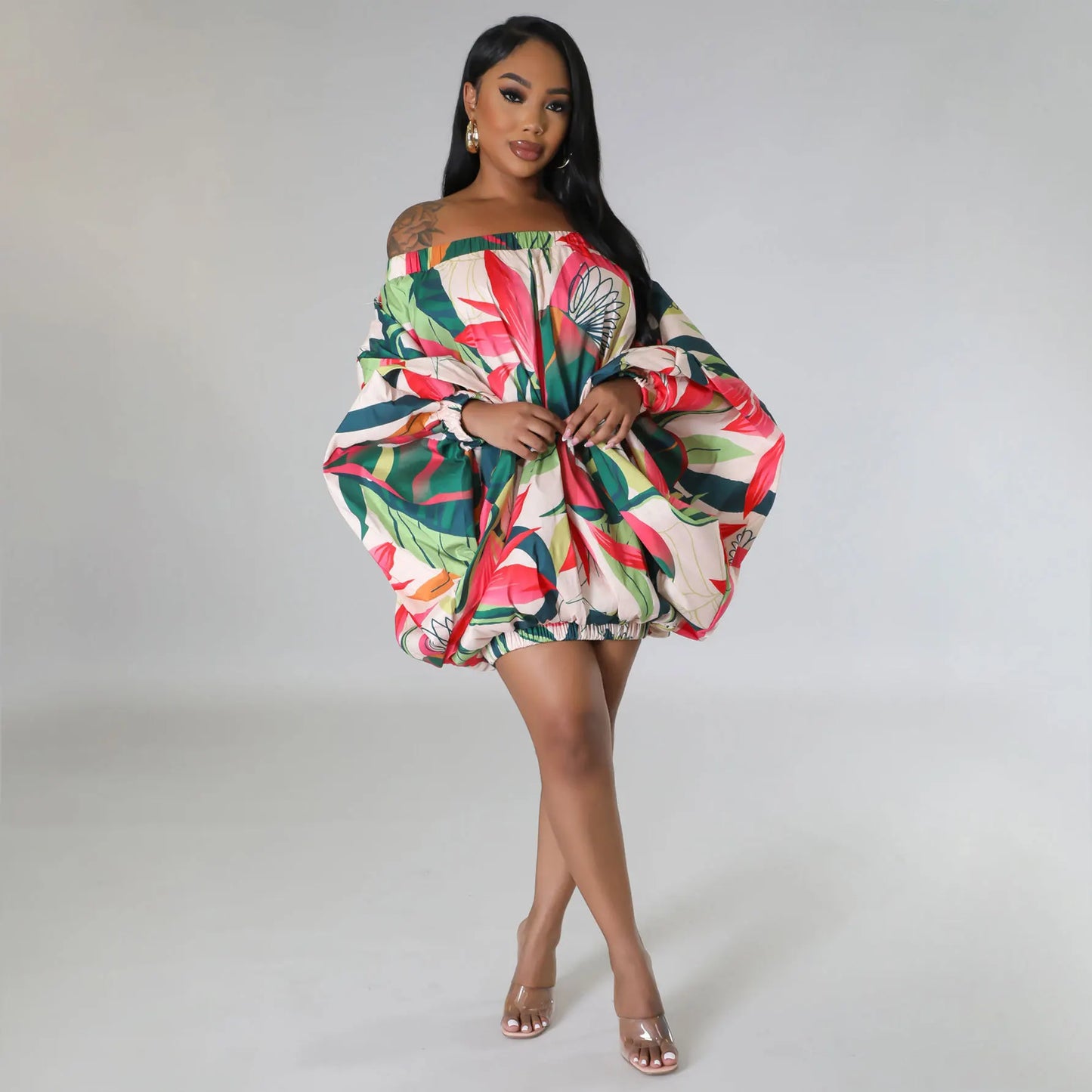 Off Shoulder Slash Neck Lantern Long Sleeve Printed Dress