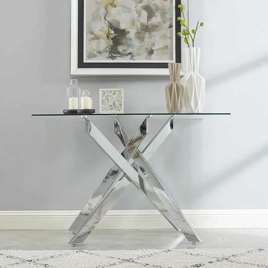 Narrow Sofa Table with Tempered Glass Top and Metal Tubular Legs