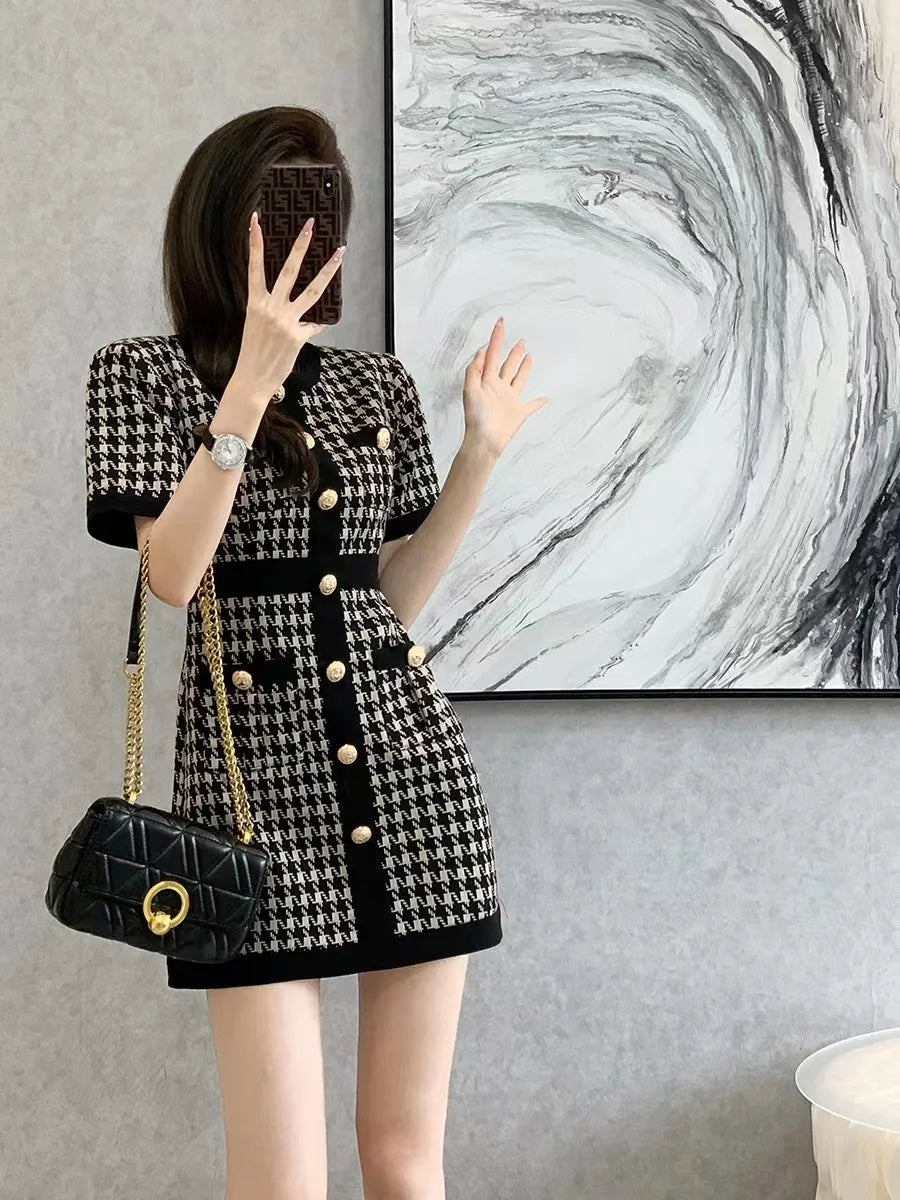 Retro Knitted Houndstooth Dress