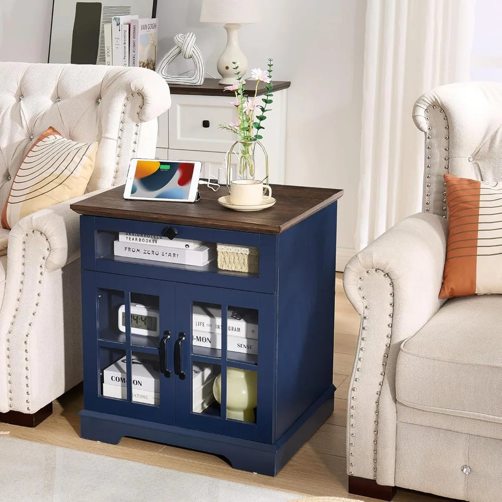 Farmhouse End Table with Drawer, 24" Large Sofa Side Table with Charging Station