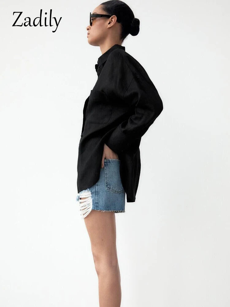 Full Sleeve Oversize Black Women Basic Shirt