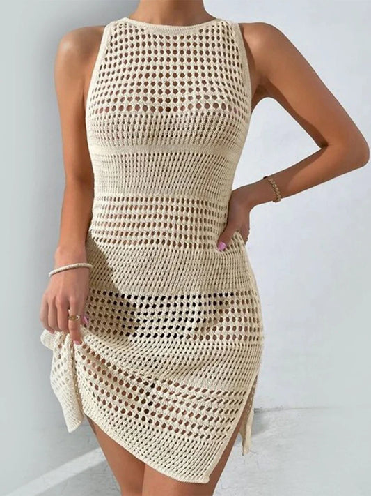 Bikini Cover-Up Hollow-Out Crew Neck Sleeveless Beach Knitted Dress