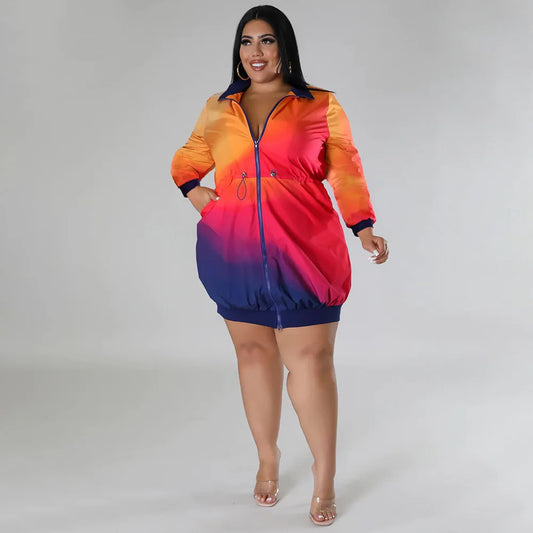 Plus Size Long Sleeve Colorful Mini Dress