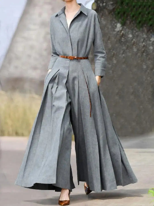 Pleated Lapel Wide Leg Jumpsuits