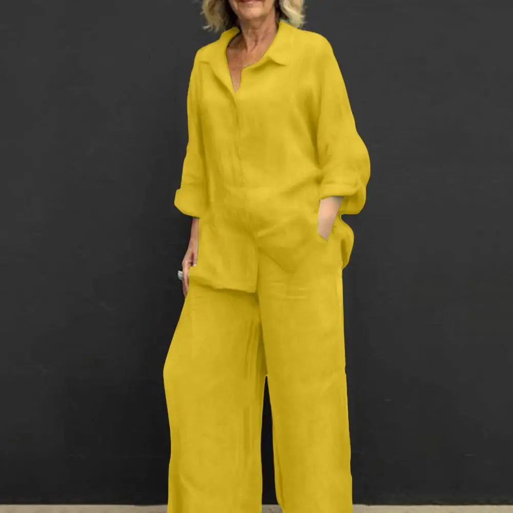 Linen Suit Set with Long Sleeve Shirt Wide Leg Trousers