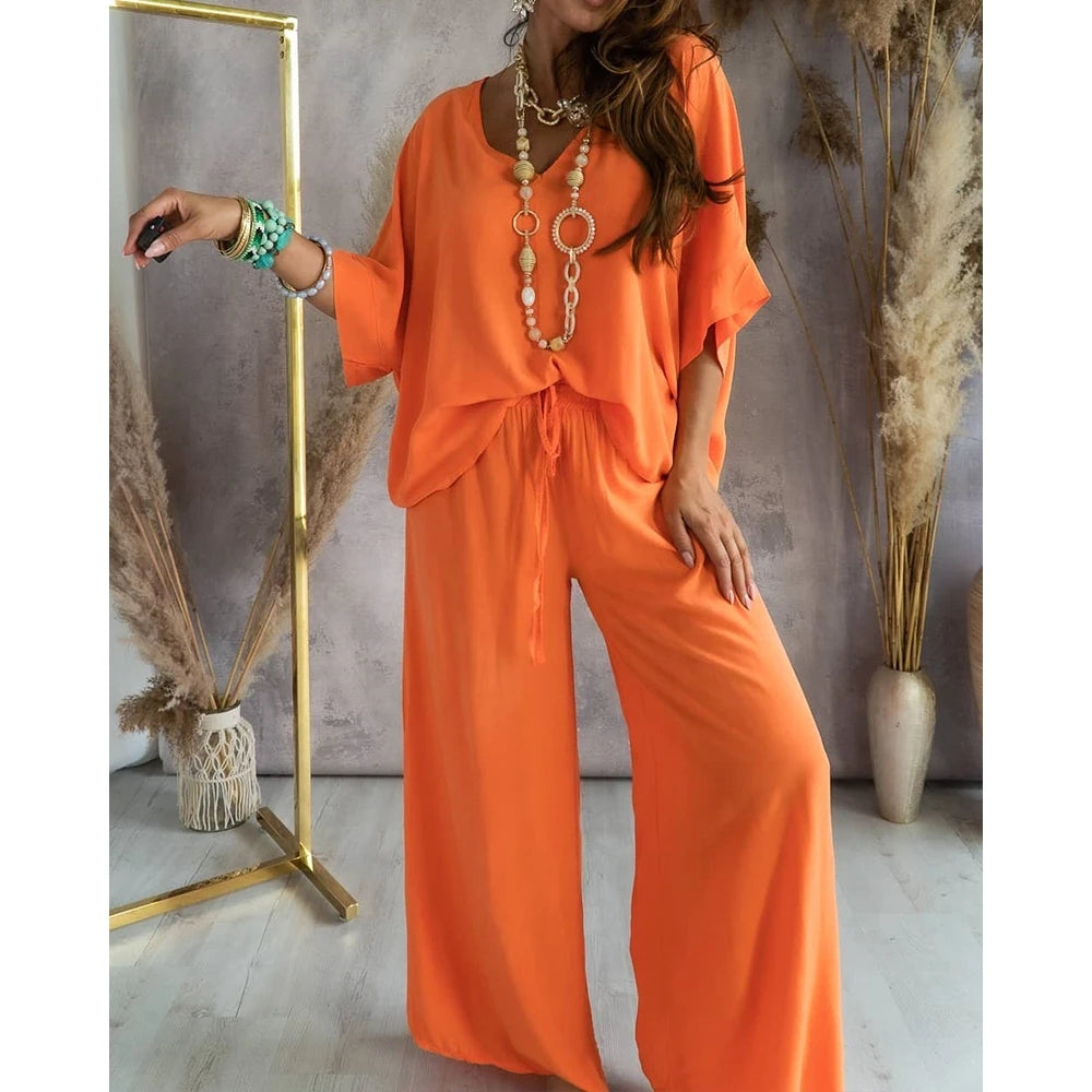 Batwing Long Sleeve V Neck Top & High Waist Wide Leg Pants Set