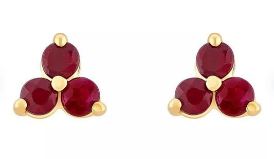 Genuine Ruby Cluster Earrings in 14K Yellow Gold