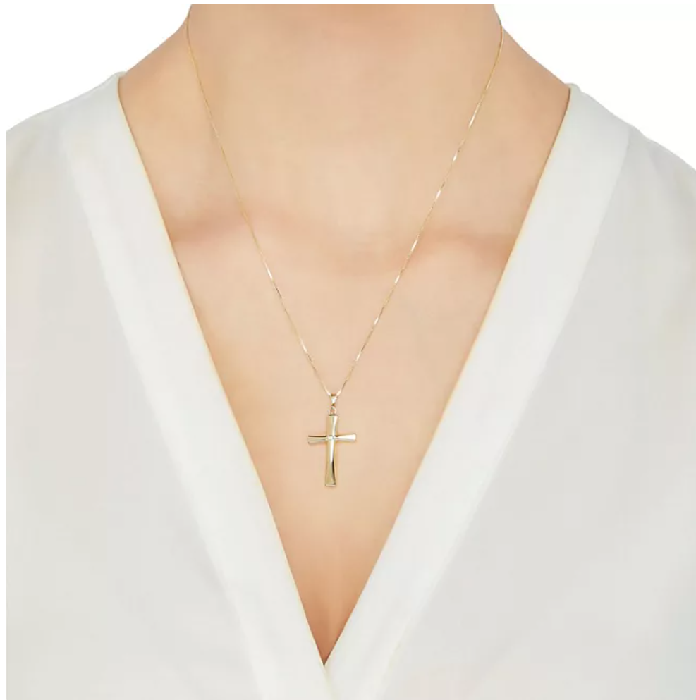 14K Diamond-Accent Cross Pendant, 18" Box Chain