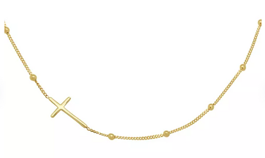 Sideway Cross Necklace on High Polish Beaded Station Chain in 14K Yellow Gold, Adj 16”-18” with Lobster Clasp