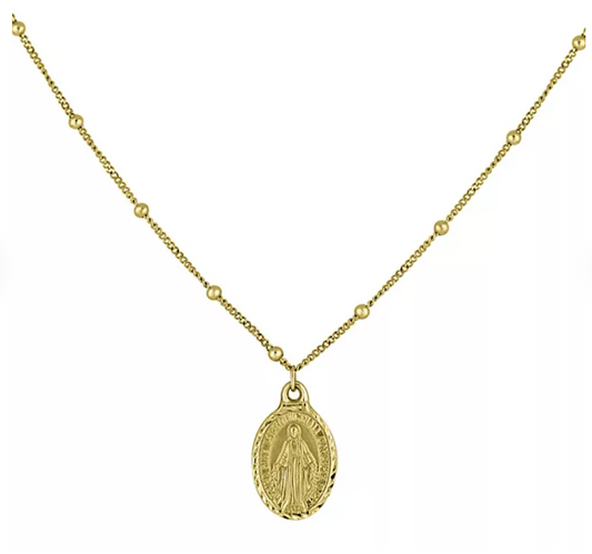 14K Yellow Gold Virgin Mary Choker Necklace, 16"