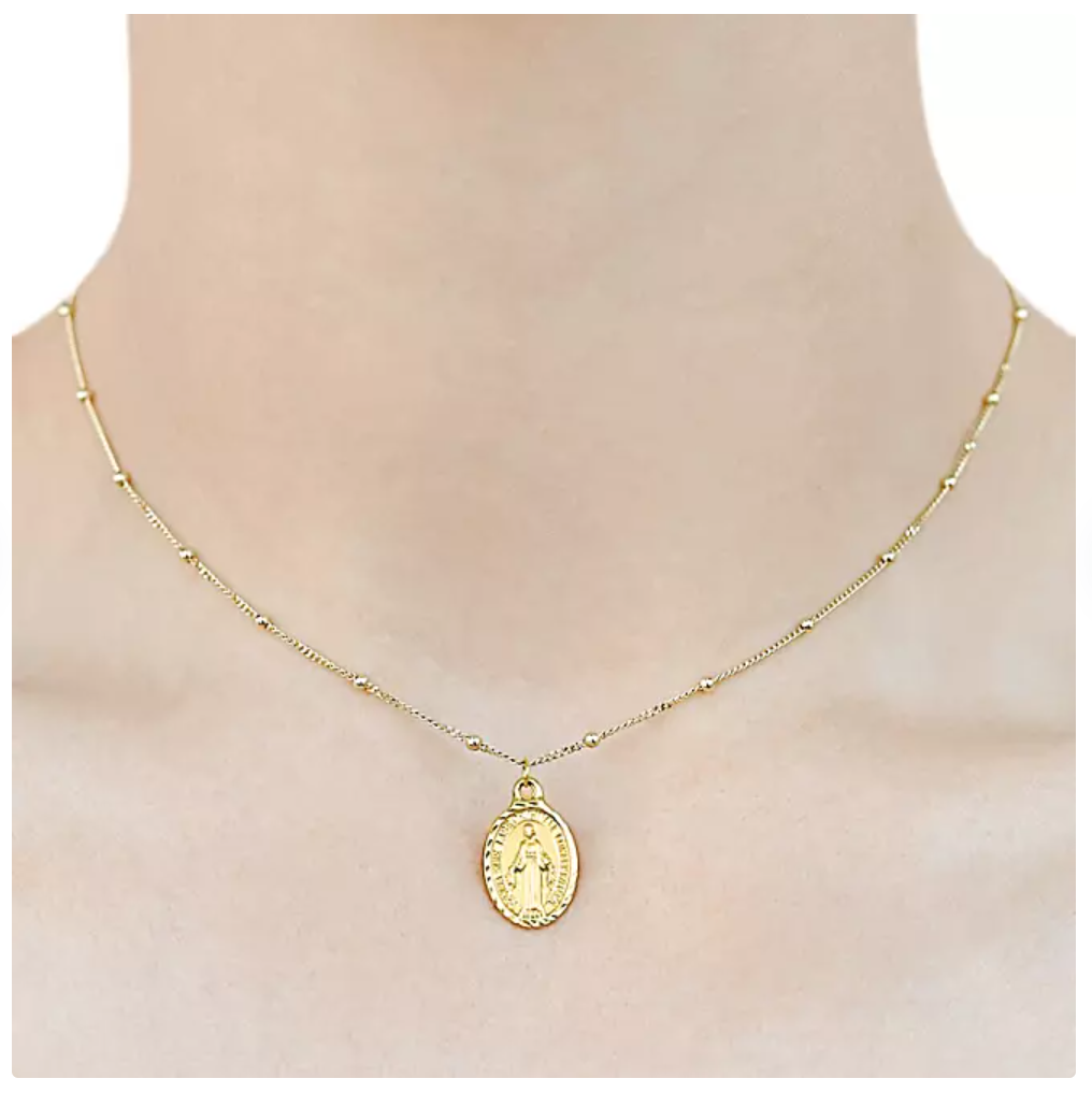 14K Yellow Gold Virgin Mary Choker Necklace, 16"