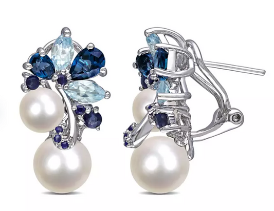 6-8.5 mm Round Freshwater Cultured Pearl with Blue Topaz and Sapphire Earrings in Sterling Silver