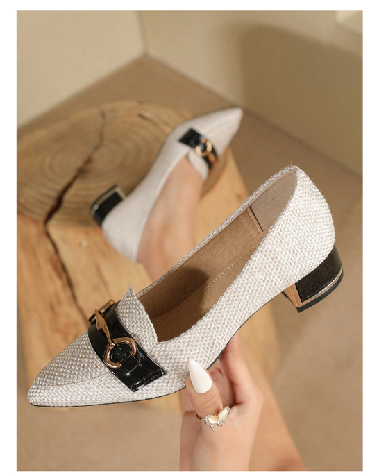 Pointed Toe Chunky Heel Mary Jane Loafers For Women With Metal Buckle