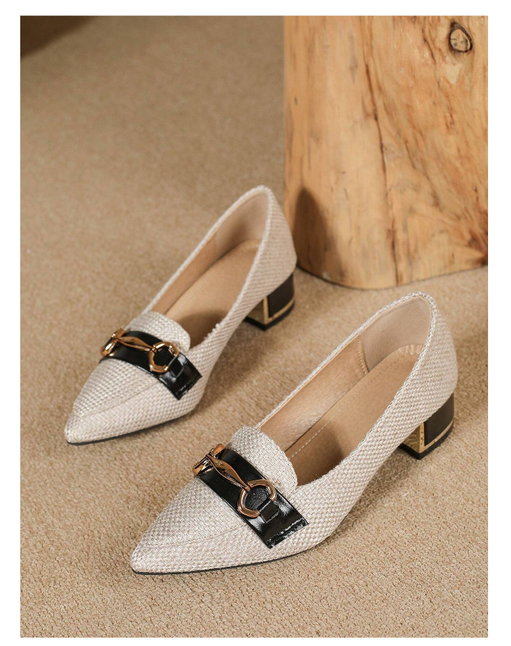 Pointed Toe Chunky Heel Mary Jane Loafers For Women With Metal Buckle