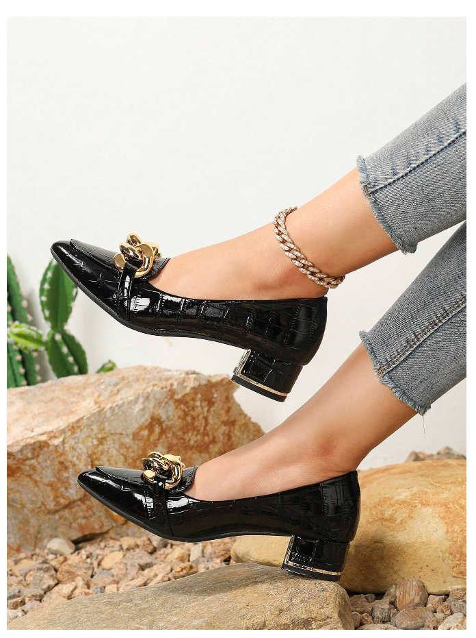 Pointed Toe Chunky Heel Crocodile Pattern Metal Buckle Fashionable Single Shoes