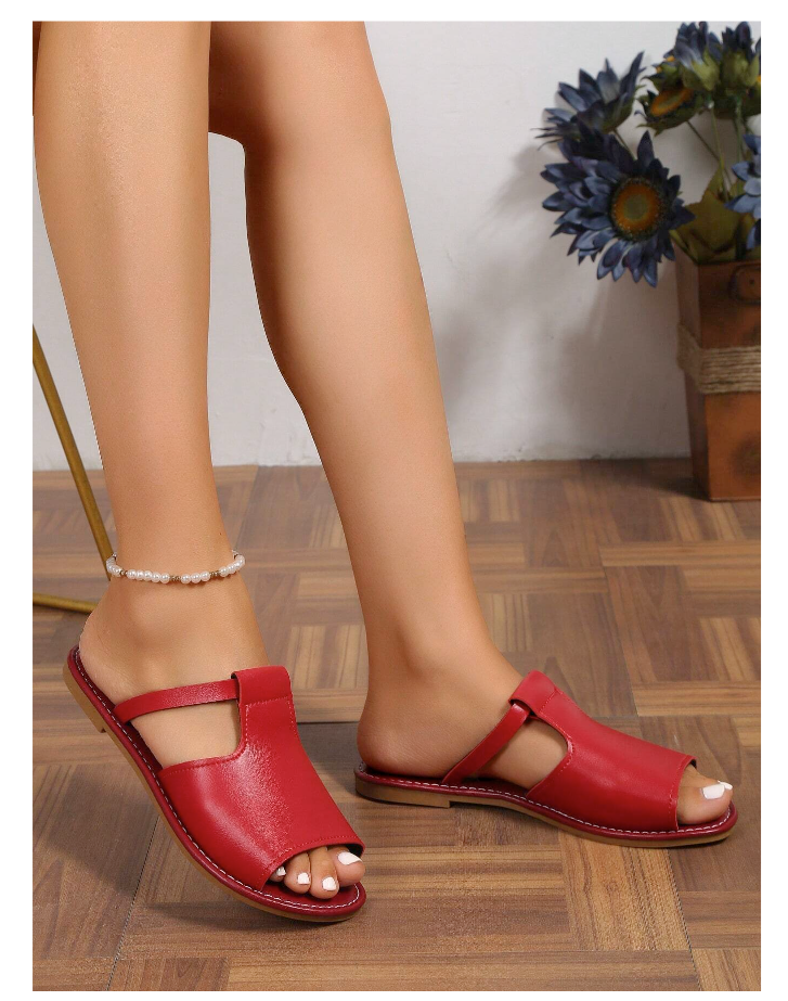 Women Cut Out Burgundy  Slide Flat Sandals