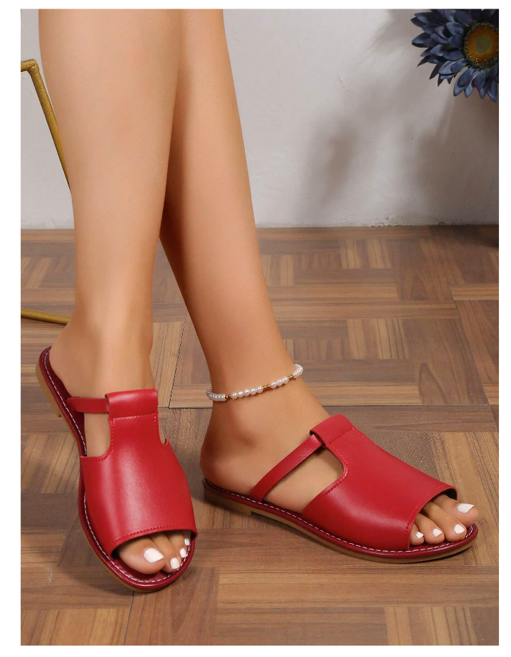 Women Cut Out Burgundy  Slide Flat Sandals