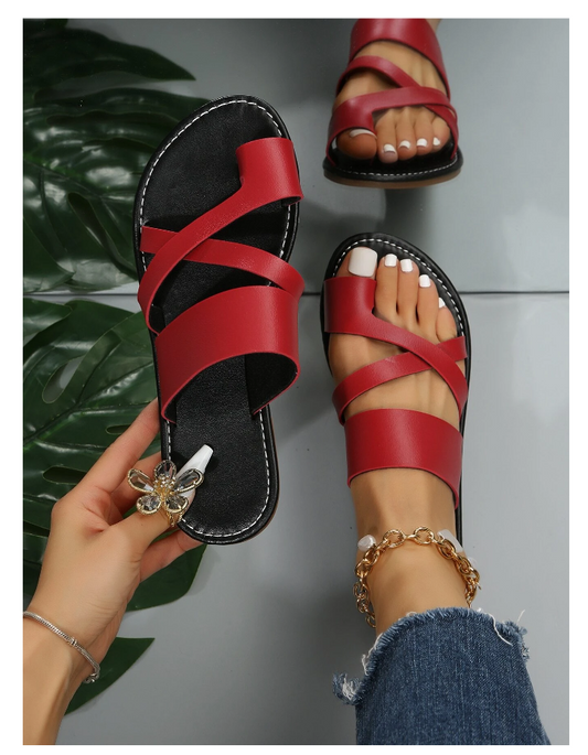 Women Red Cross Strap Sandals, Fashionable Toe Ring Thong Sandals