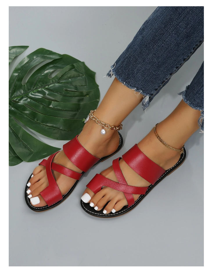 Women Red Cross Strap Sandals, Fashionable Toe Ring Thong Sandals