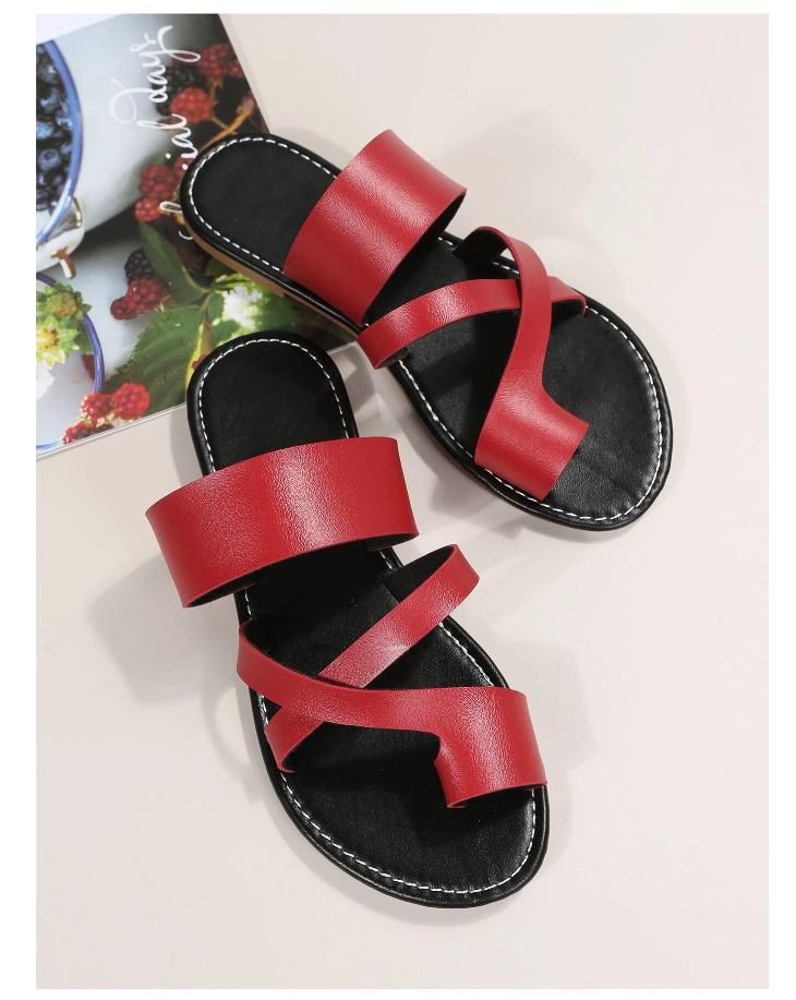 Women Red Cross Strap Sandals, Fashionable Toe Ring Thong Sandals