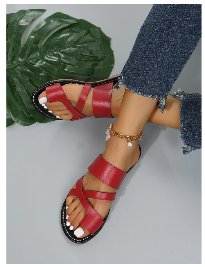 Women Red Cross Strap Sandals, Fashionable Toe Ring Thong Sandals