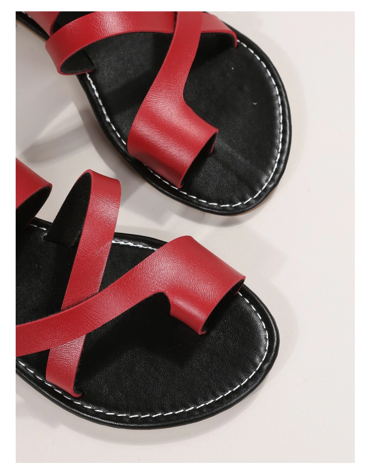 Women Red Cross Strap Sandals, Fashionable Toe Ring Thong Sandals