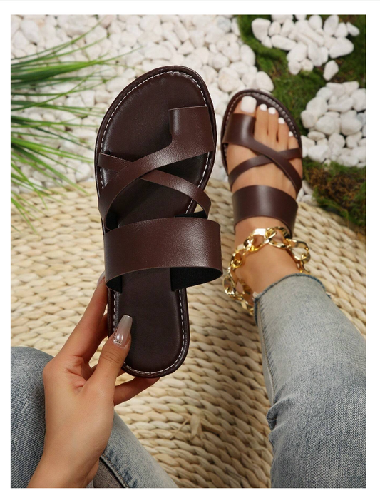 Coffee Brown Women Criss Cross Thong Sandals