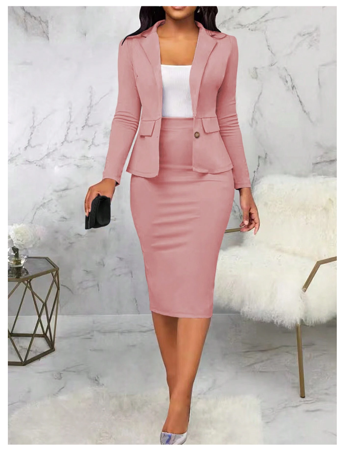 Lady Solid Color Lapel Single-Breasted Blazer And Pencil Skirt Suit Set