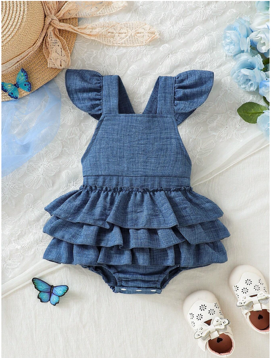 Baby Girl Soft And Stretchy Denim-Like Wrinkled Bodysuit