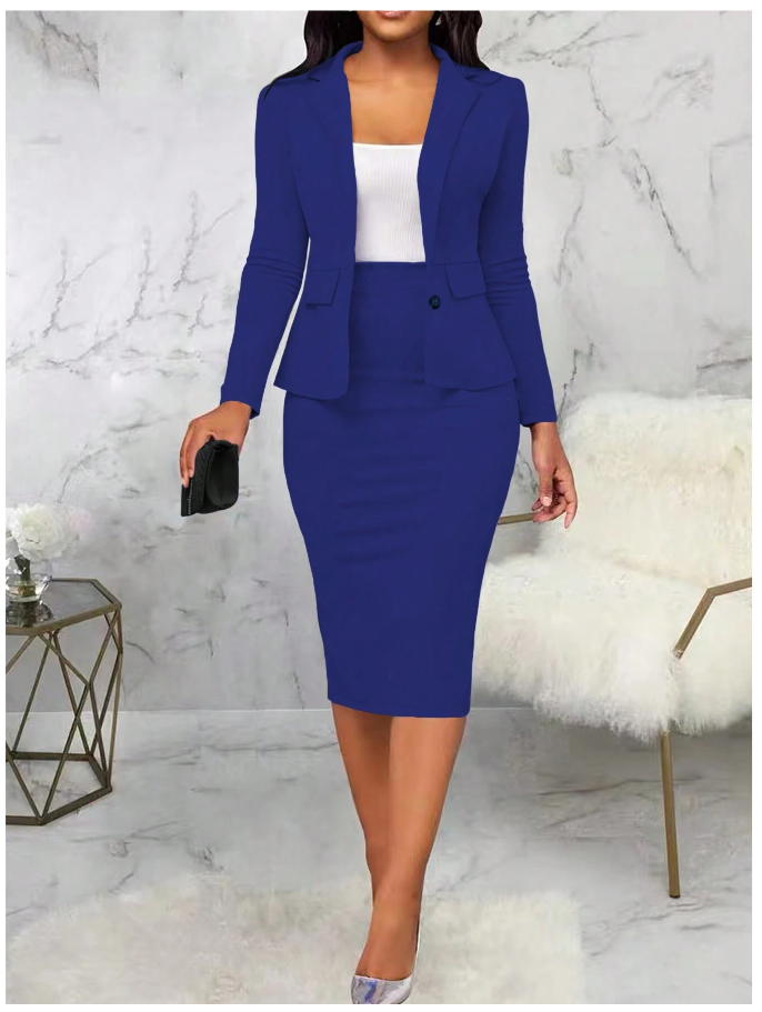 Lady Solid Color Lapel Single-Breasted Blazer And Pencil Skirt Suit Set