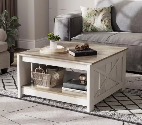 Coffee table with lockers, square wooden modern rustic