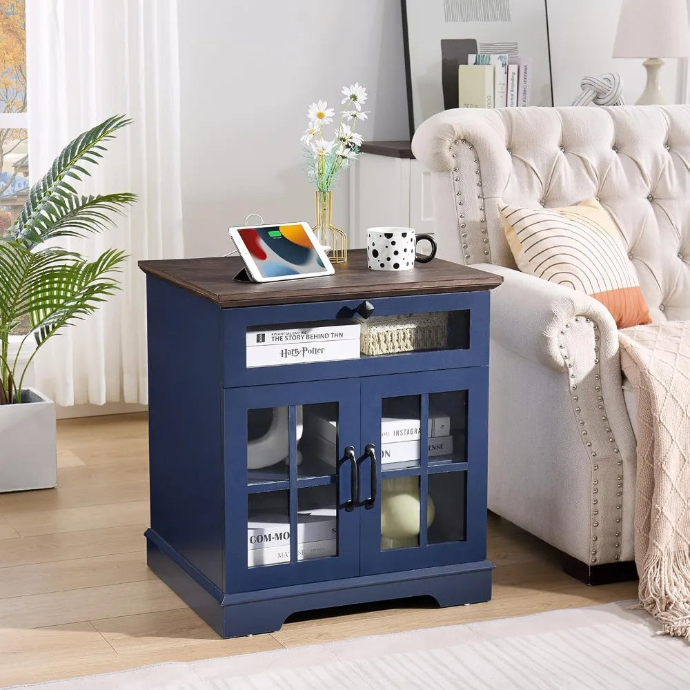 Farmhouse End Table with Drawer, 24" Large Sofa Side Table with Charging Station