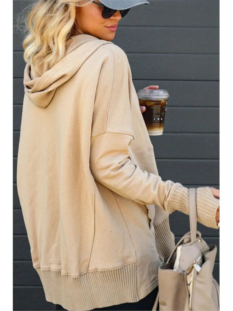 Casual Loose White Sweatshirt V-neck Hooded Batwing Sleeve Hoodie