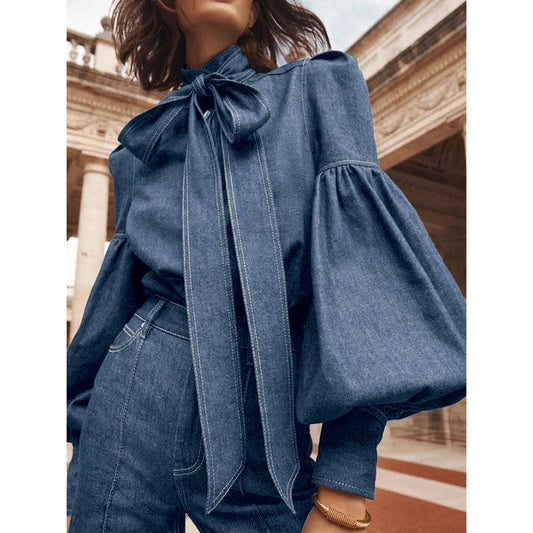 Imitation Denim Blouse Puff Sleeves Bow-Embellished