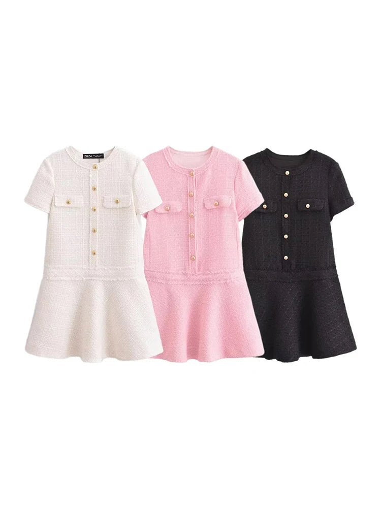 Texture Mini Gold Buttons Short Sleeve