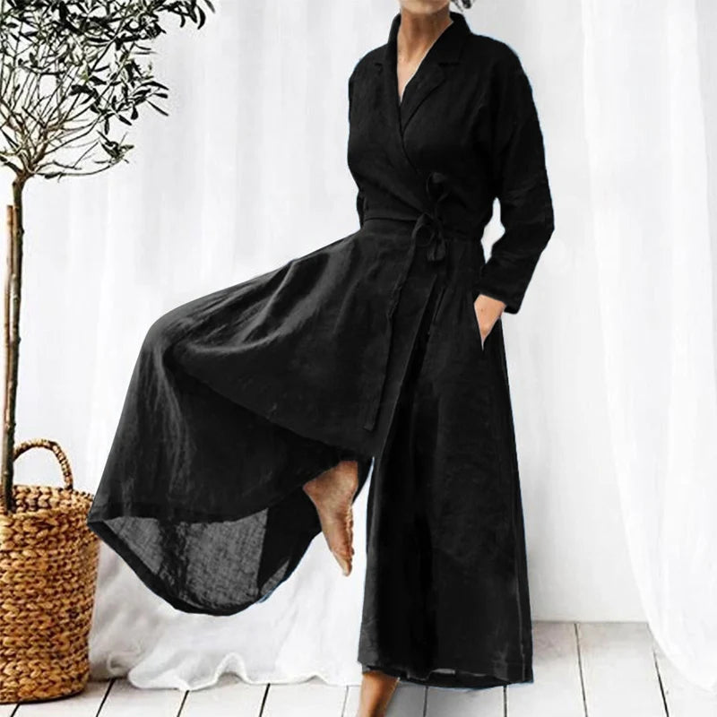 Elegant Lapel Solid Color Women Jumpsuit