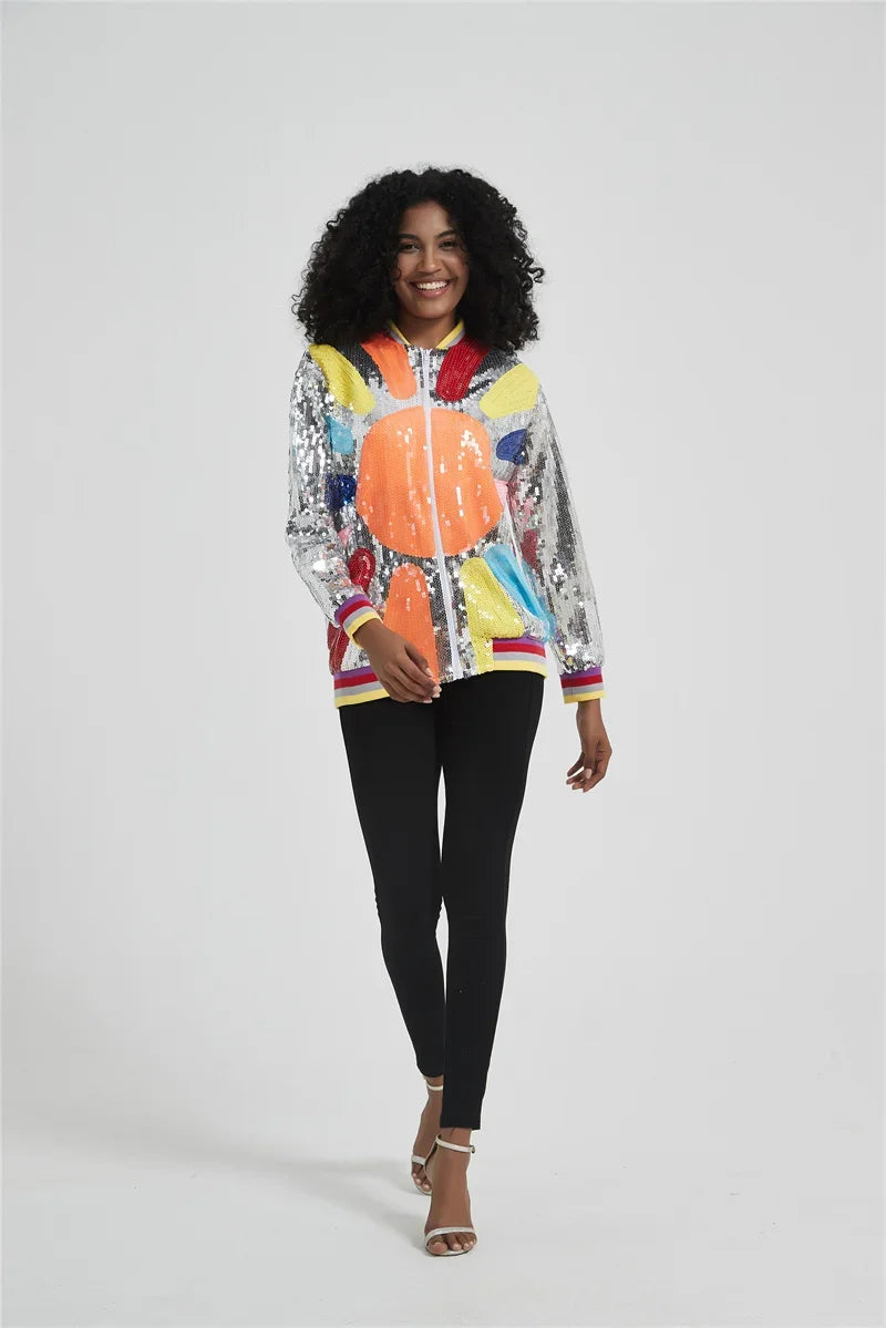 Patchwork Color Long Sleeve Sequins Streetwear Coat