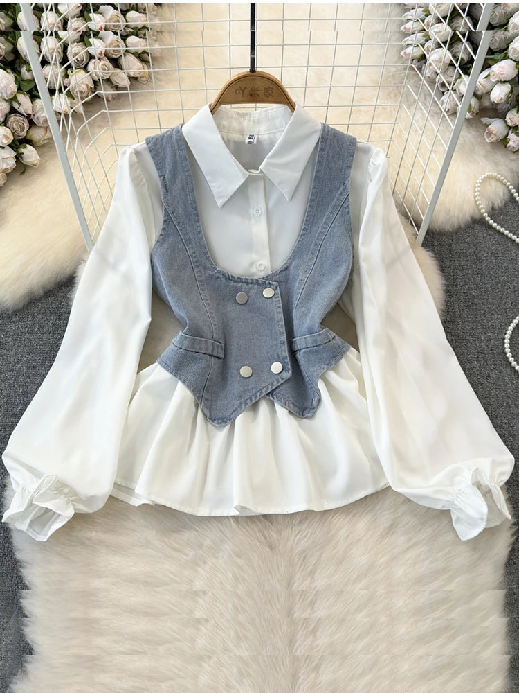 Leaf Shirt with Denim Vest