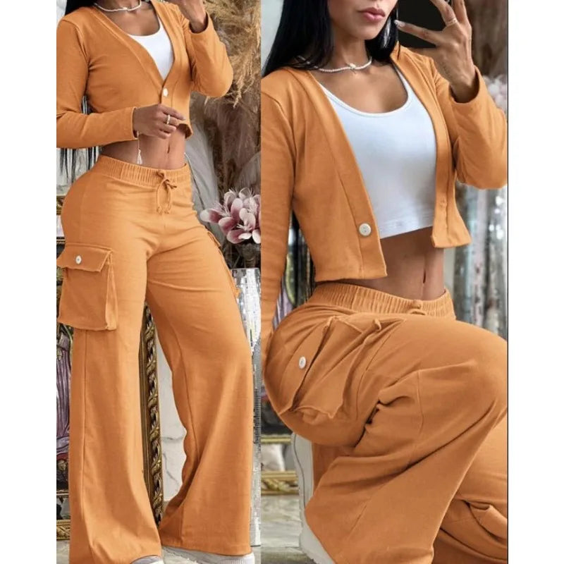 Mid Waist Pocket Wide-Leg Pants Suit