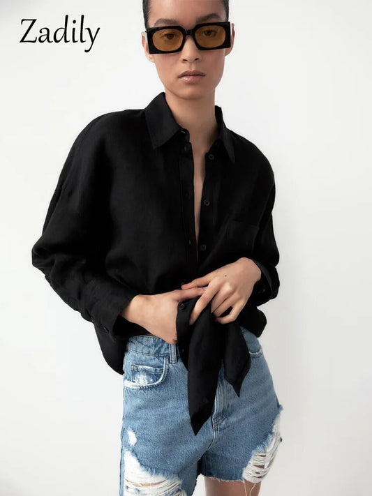 Full Sleeve Oversize Black Women Basic Shirt