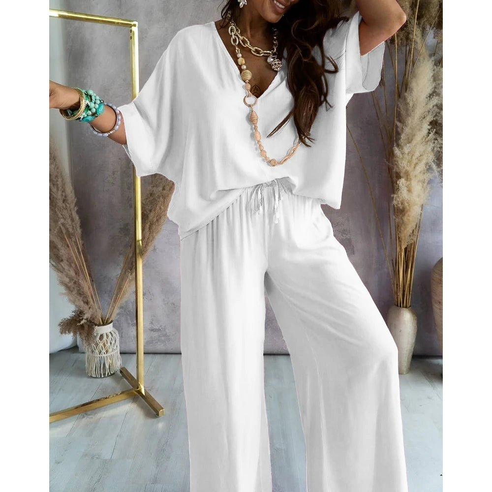 Batwing Long Sleeve V Neck Top & High Waist Wide Leg Pants Set