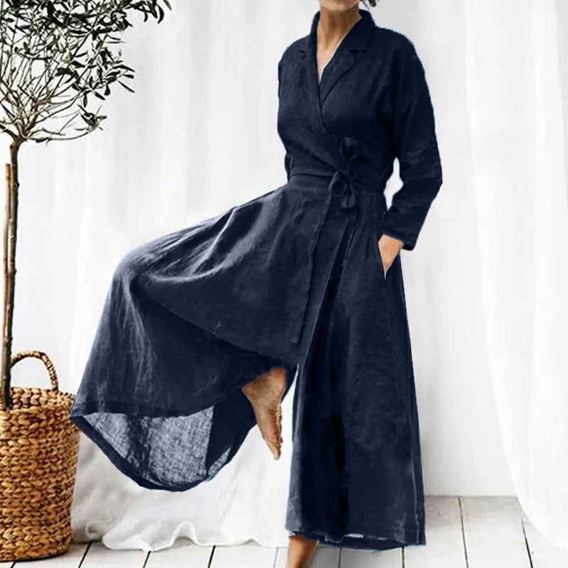 Elegant Lapel Solid Color Women Jumpsuit