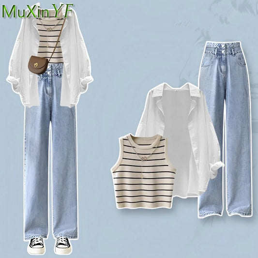 Lady Fashion Stripe Vest White Loose Shirt Denim Pants Suit Jeans Outfit